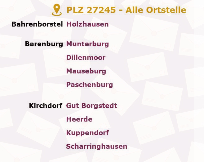 Postleitzahl 27245 Kirchdorf, Niedersachsen - Alle Orte und Ortsteile