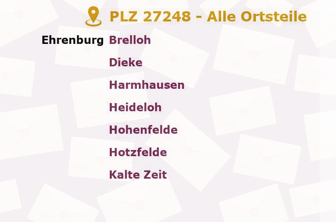 Postleitzahl 27248 Ehrenburg, Niedersachsen - Alle Orte und Ortsteile