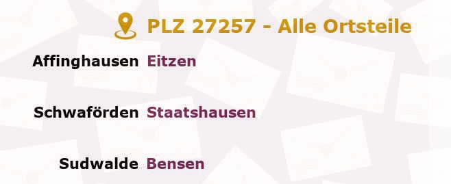 Postleitzahl 27257 Affinghausen, Niedersachsen - Alle Orte und Ortsteile