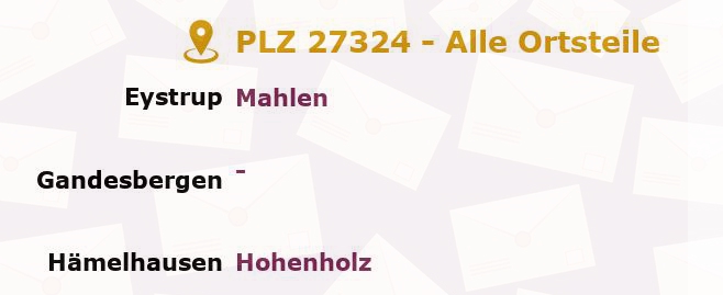 Postleitzahl 27324 Eystrup, Niedersachsen - Alle Orte und Ortsteile