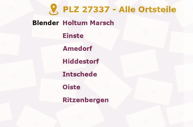 Postleitzahl 27337 Blender, Niedersachsen - Alle Orte und Ortsteile