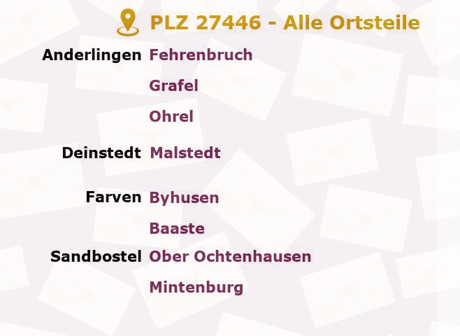 Postleitzahl 27446 Farven, Niedersachsen - Alle Orte und Ortsteile