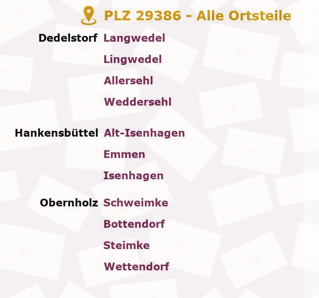 Postleitzahl 29386 Obernholz, Niedersachsen - Alle Orte und Ortsteile