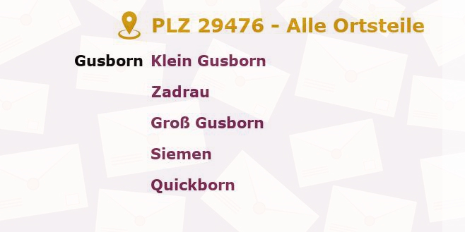 Postleitzahl 29476 Gusborn, Niedersachsen - Alle Orte und Ortsteile