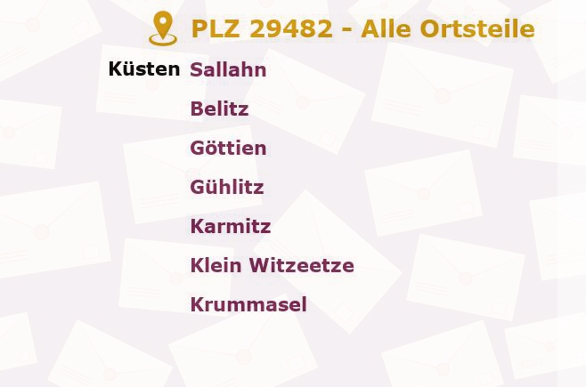 Postleitzahl 29482 Küsten, Niedersachsen - Alle Orte und Ortsteile