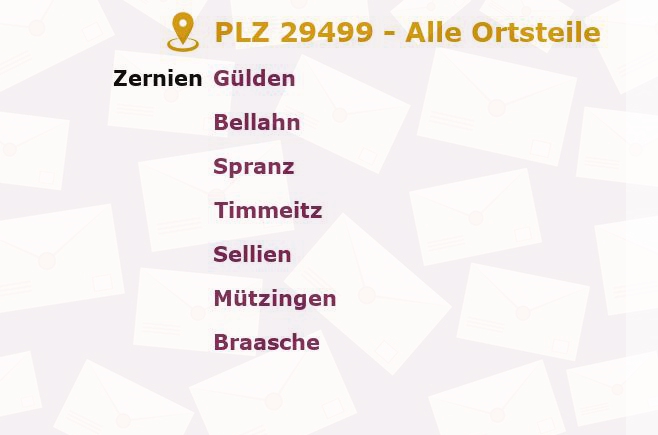 Postleitzahl 29499 Zernien, Niedersachsen - Alle Orte und Ortsteile