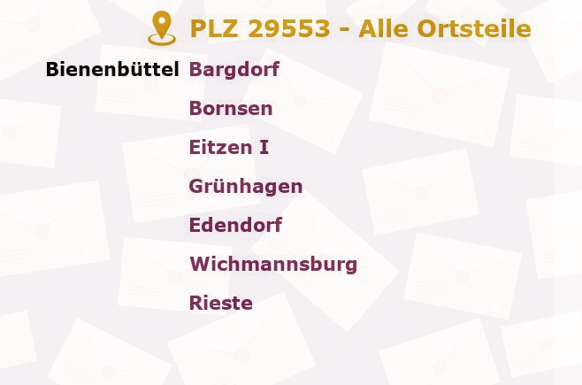 Postleitzahl 29553 Bienenbüttel, Niedersachsen - Alle Orte und Ortsteile