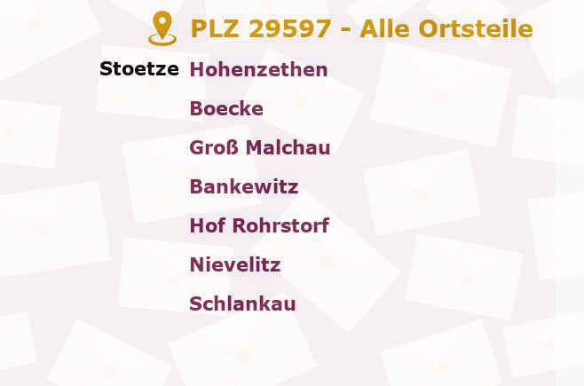 Postleitzahl 29597 Stoetze, Niedersachsen - Alle Orte und Ortsteile