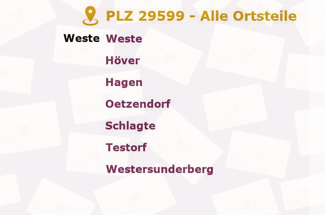 Postleitzahl 29599 Weste, Niedersachsen - Alle Orte und Ortsteile