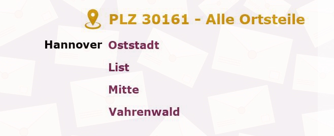 Postleitzahl 30161 Hanover, Niedersachsen - Alle Orte und Ortsteile