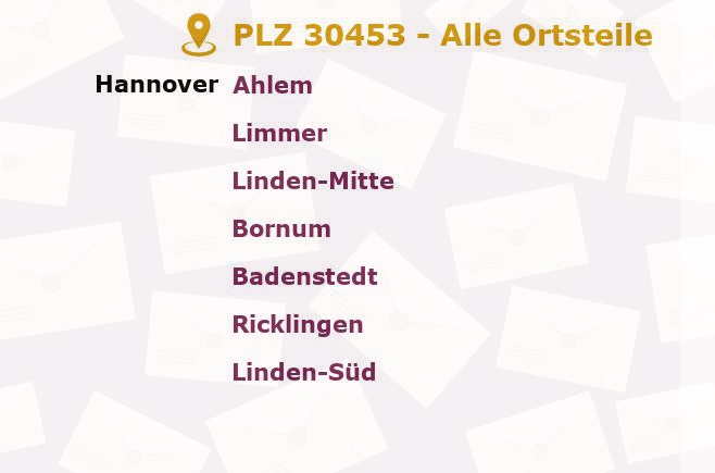 Postleitzahl 30453 Hanover, Niedersachsen - Alle Orte und Ortsteile