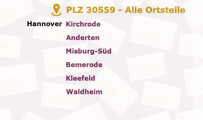 Postleitzahl 30559 Hanover, Niedersachsen - Alle Orte und Ortsteile