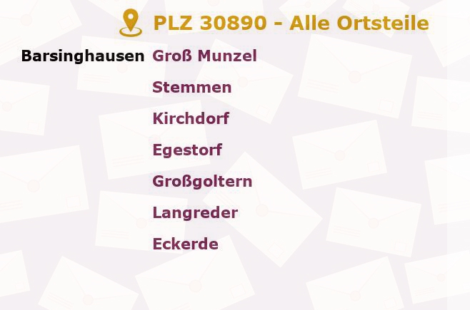 Postleitzahl 30890 Barsinghausen, Niedersachsen - Alle Orte und Ortsteile