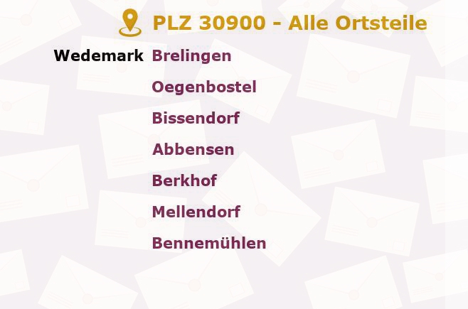 Postleitzahl 30900 Niedersachsen - Alle Orte und Ortsteile