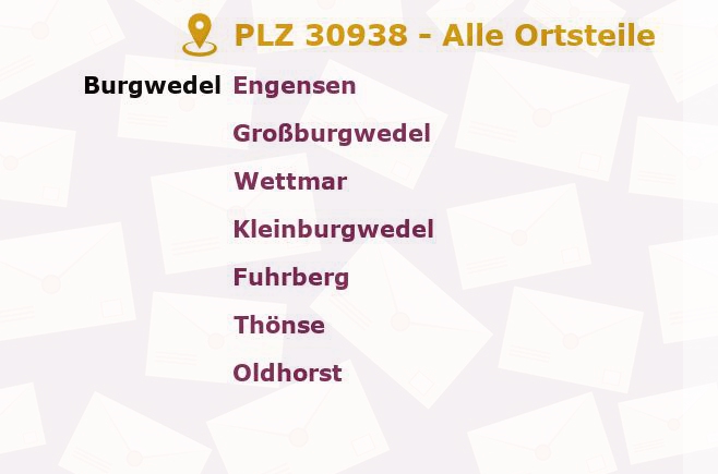 Postleitzahl 30938 Niedersachsen - Alle Orte und Ortsteile