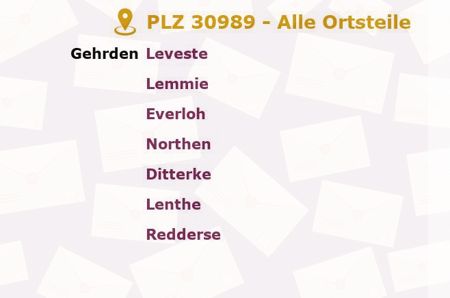 Postleitzahl 30989 Gehrden, Niedersachsen - Alle Orte und Ortsteile