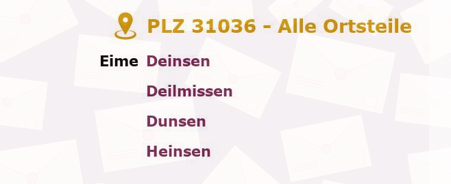 Postleitzahl 31036 Eime, Niedersachsen - Alle Orte und Ortsteile