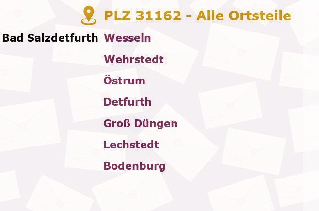 Postleitzahl 31162 Bad Salzdetfurth, Niedersachsen - Alle Orte und Ortsteile