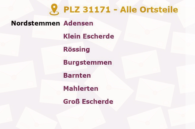 Postleitzahl 31171 Nordstemmen, Niedersachsen - Alle Orte und Ortsteile