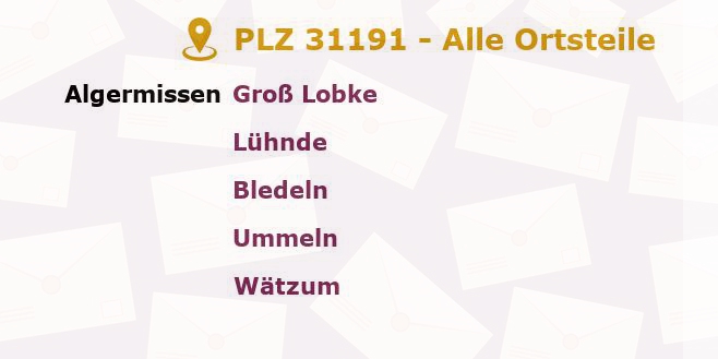 Postleitzahl 31191 Algermissen, Niedersachsen - Alle Orte und Ortsteile