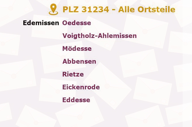 Postleitzahl 31234 Edemissen, Niedersachsen - Alle Orte und Ortsteile