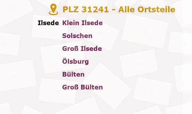 Postleitzahl 31241 Ilsede, Niedersachsen - Alle Orte und Ortsteile