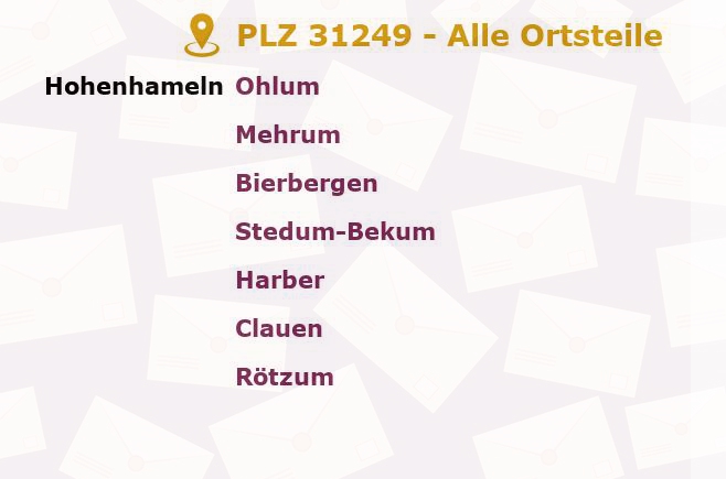 Postleitzahl 31249 Hohenhameln, Niedersachsen - Alle Orte und Ortsteile