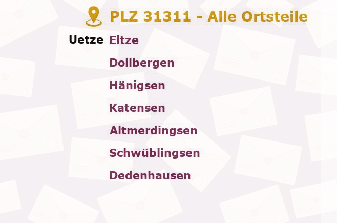 Postleitzahl 31311 Uetze, Niedersachsen - Alle Orte und Ortsteile