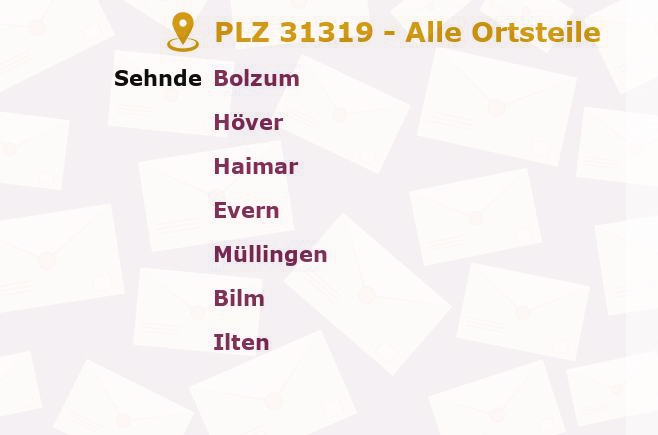 Postleitzahl 31319 Sehnde, Niedersachsen - Alle Orte und Ortsteile