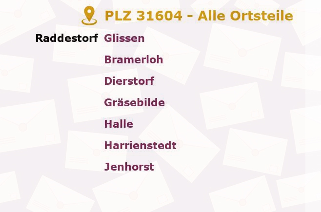 Postleitzahl 31604 Raddestorf, Niedersachsen - Alle Orte und Ortsteile