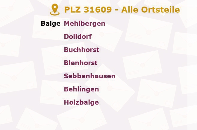 Postleitzahl 31609 Balge, Niedersachsen - Alle Orte und Ortsteile