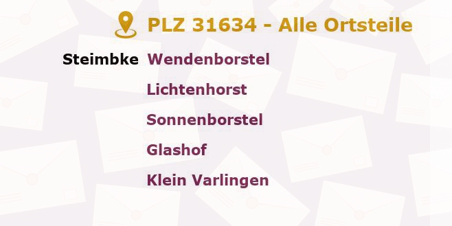 Postleitzahl 31634 Niedersachsen - Alle Orte und Ortsteile