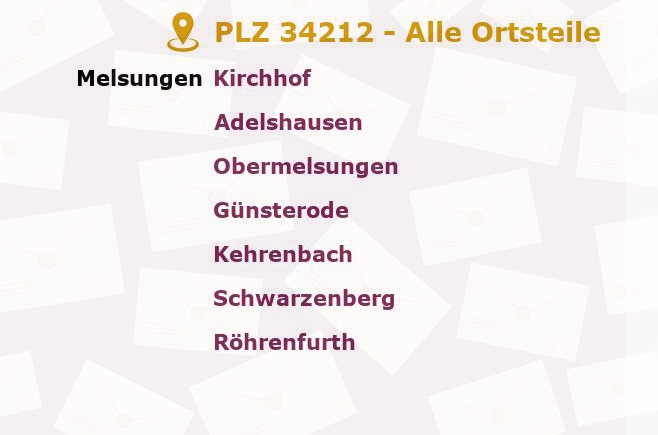 Postleitzahl 34212 Melsungen, Hessen - Alle Orte und Ortsteile