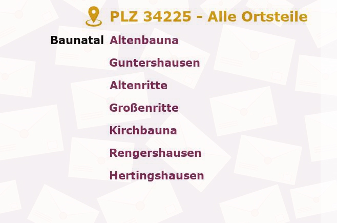 Postleitzahl 34225 Baunatal, Hessen - Alle Orte und Ortsteile