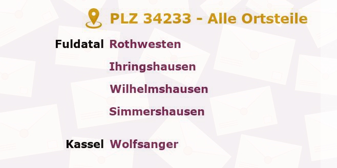 Postleitzahl 34233 Fuldatal, Hessen - Alle Orte und Ortsteile