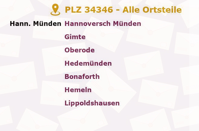 Postleitzahl 34346 Hann. Münden, Niedersachsen - Alle Orte und Ortsteile