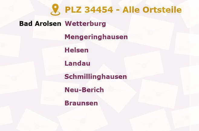 Postleitzahl 34454 Bad Arolsen, Hessen - Alle Orte und Ortsteile