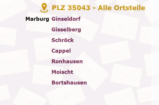 Postleitzahl 35043 Marburg, Hessen - Alle Orte und Ortsteile