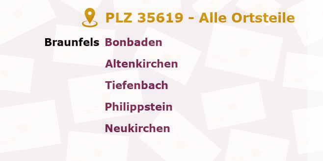 Postleitzahl 35619 Braunfels, Hessen - Alle Orte und Ortsteile