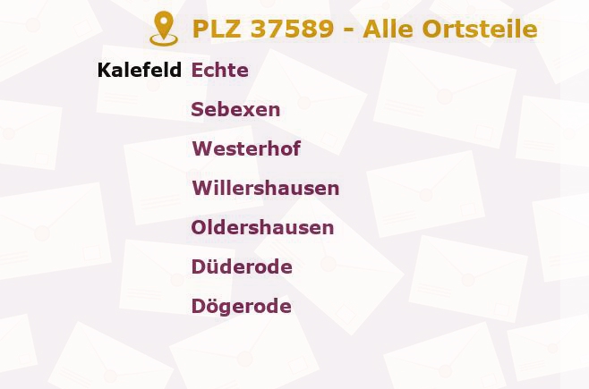 Postleitzahl 37589 Kalefeld, Niedersachsen - Alle Orte und Ortsteile