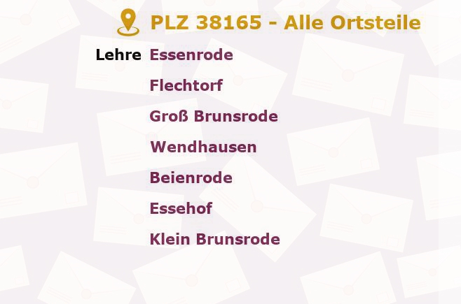 Postleitzahl 38165 Lehre, Niedersachsen - Alle Orte und Ortsteile