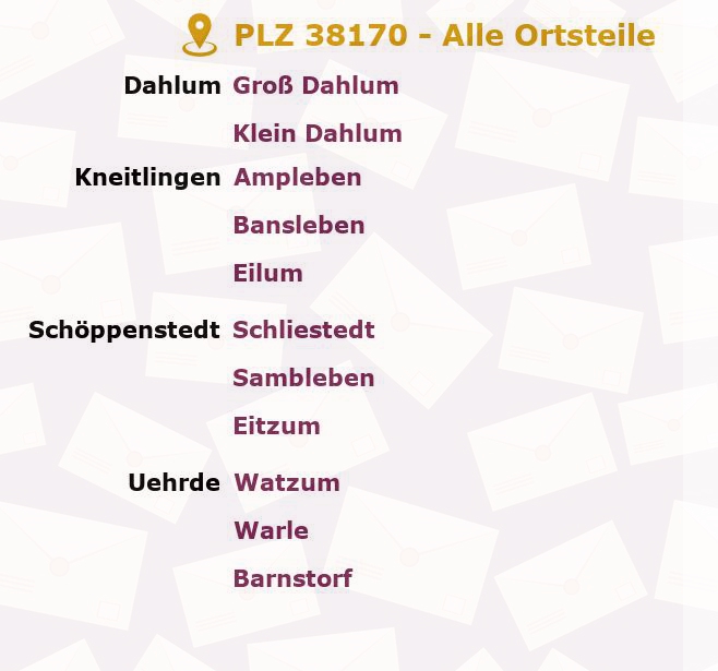 Postleitzahl 38170 Vahlberg, Niedersachsen - Alle Orte und Ortsteile