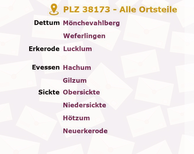 Postleitzahl 38173 Dettum, Niedersachsen - Alle Orte und Ortsteile