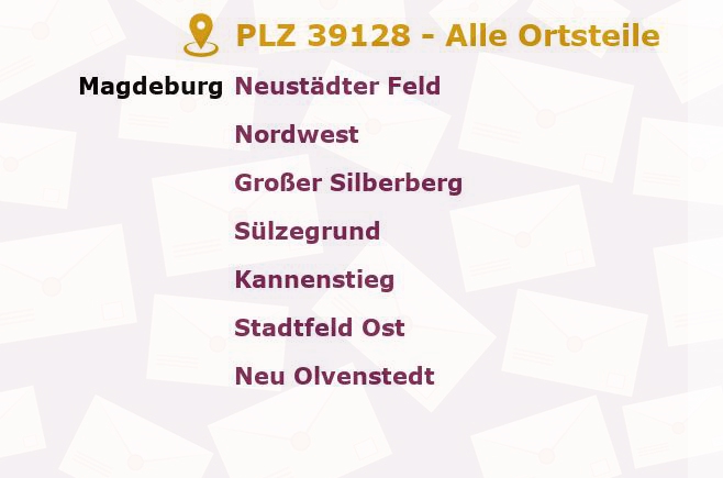 Postleitzahl 39128 Magdeburg, Sachsen-Anhalt - Alle Orte und Ortsteile