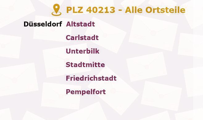 Postleitzahl 40213 Düsseldorf, Nordrhein-Westfalen - Alle Orte und Ortsteile