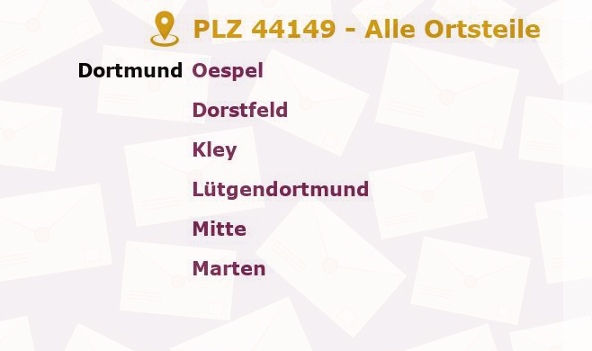 Postleitzahl 44149 Dortmund, Nordrhein-Westfalen - Alle Orte und Ortsteile