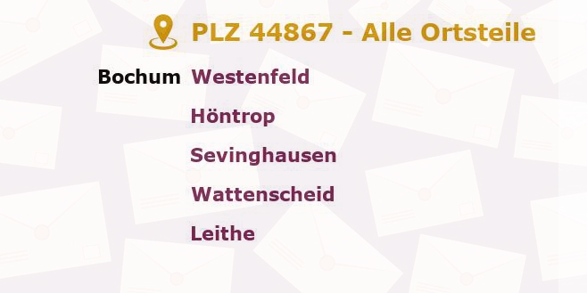 Postleitzahl 44867 Bochum, Nordrhein-Westfalen - Alle Orte und Ortsteile