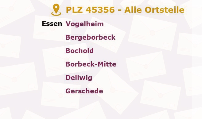 Postleitzahl 45356 Essen, Nordrhein-Westfalen - Alle Orte und Ortsteile