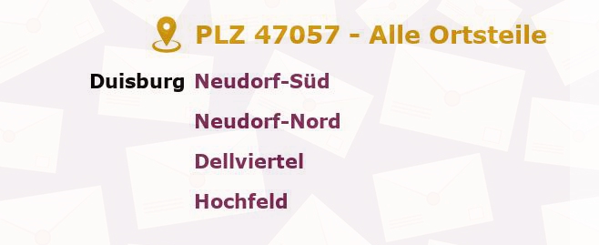 Postleitzahl 47057 Duisburg, Nordrhein-Westfalen - Alle Orte und Ortsteile