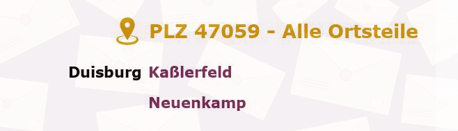 Postleitzahl 47059 Duisburg, Nordrhein-Westfalen - Alle Orte und Ortsteile